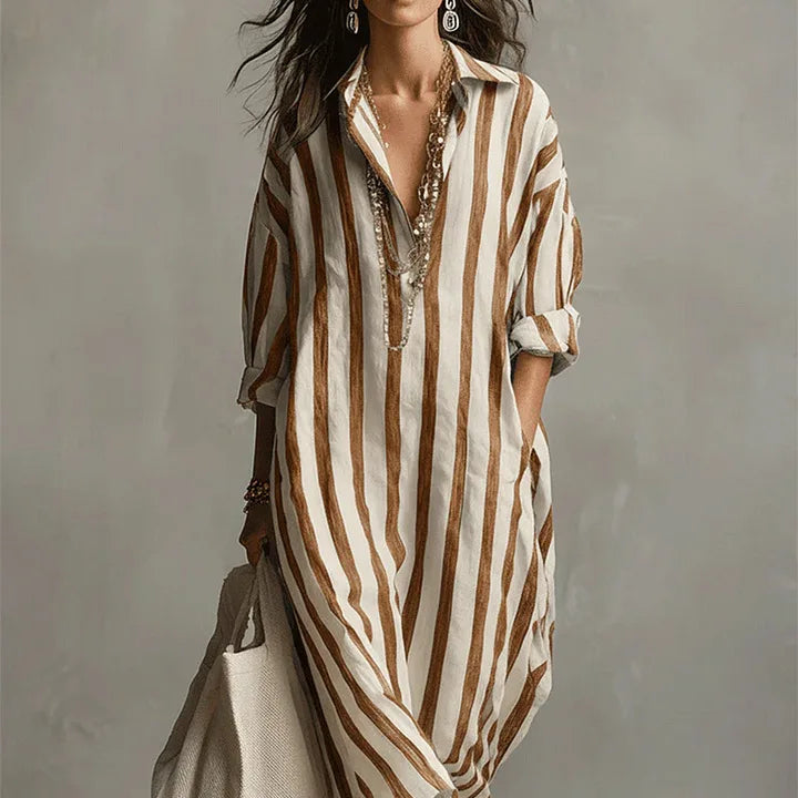 Women's Laid-Back Striped Oversized Linen Shirt Casual Maxi Dress