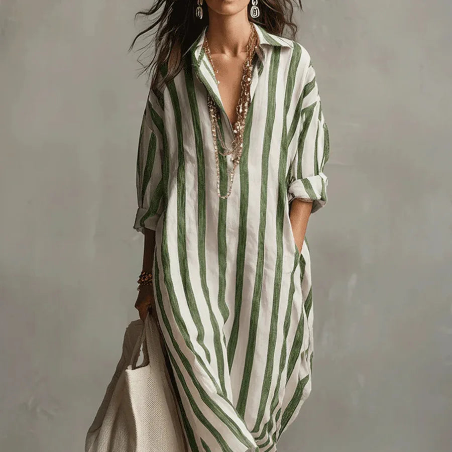 Women's Laid-Back Striped Oversized Linen Shirt Casual Maxi Dress