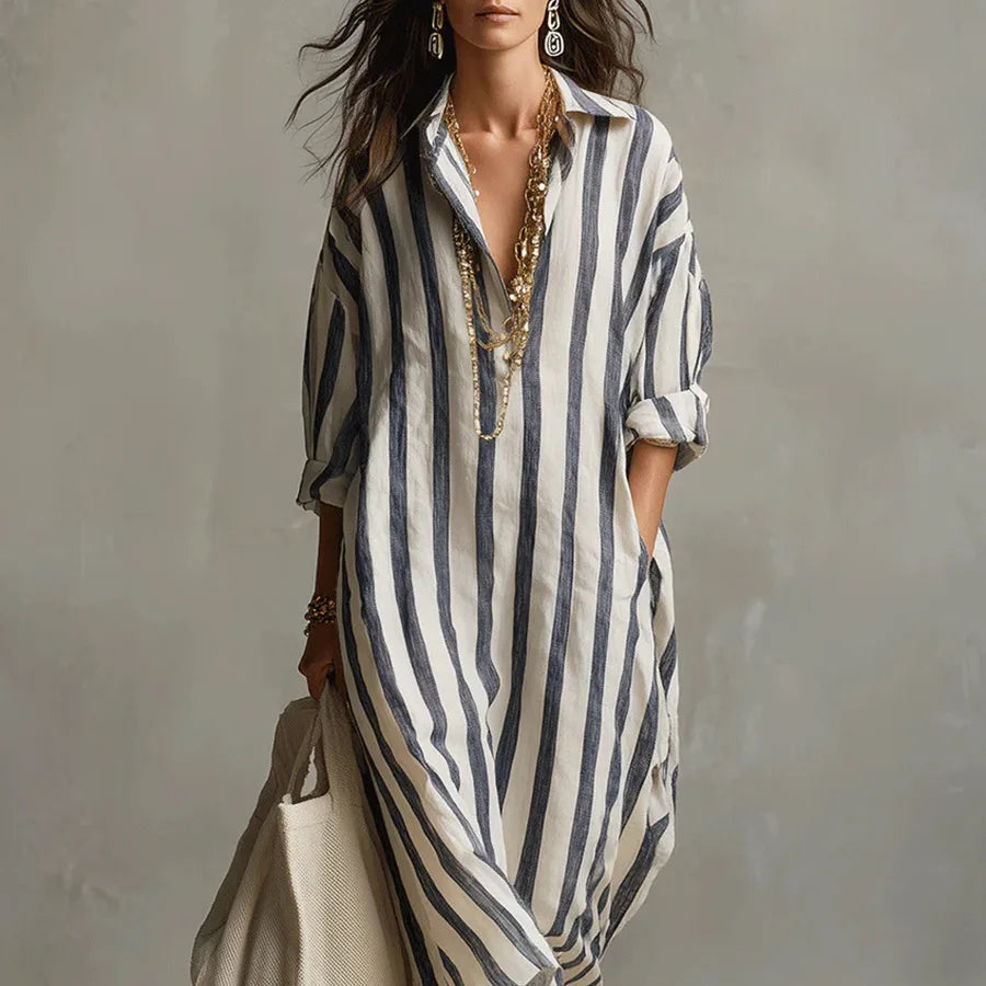Women's Laid-Back Striped Oversized Linen Shirt Casual Maxi Dress