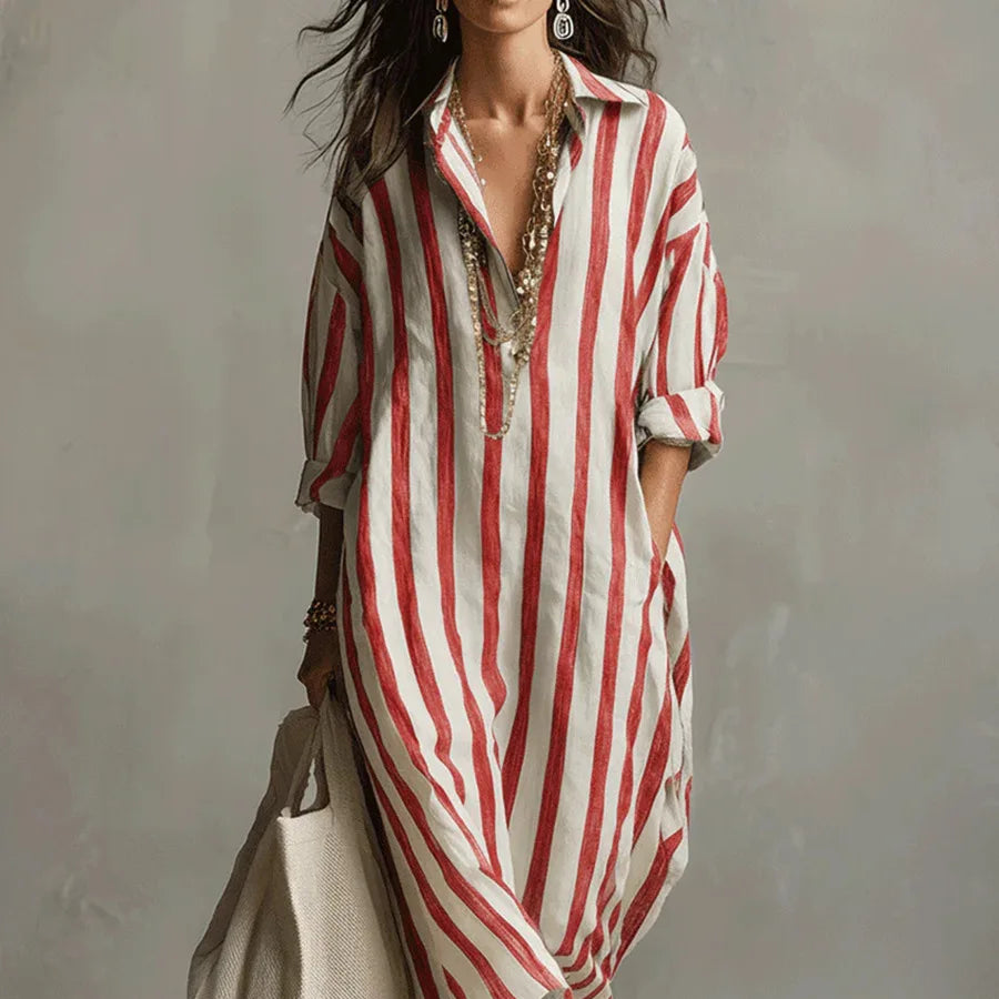 Women's Laid-Back Striped Oversized Linen Shirt Casual Maxi Dress