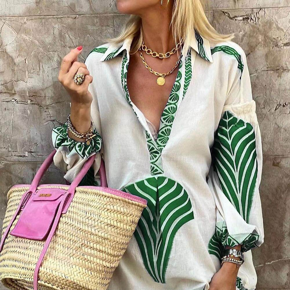 Women's V-Neck Printed Long Sleeve Mini Dress