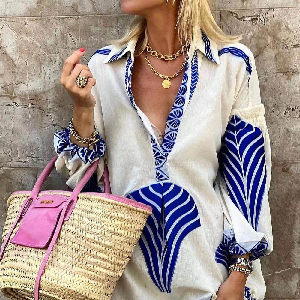 Women's V-Neck Printed Long Sleeve Mini Dress