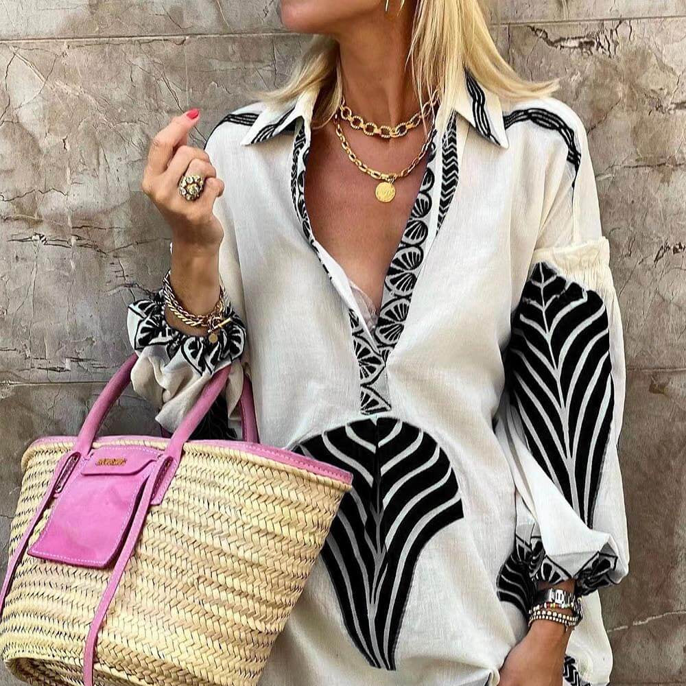 Women's V-Neck Printed Long Sleeve Mini Dress