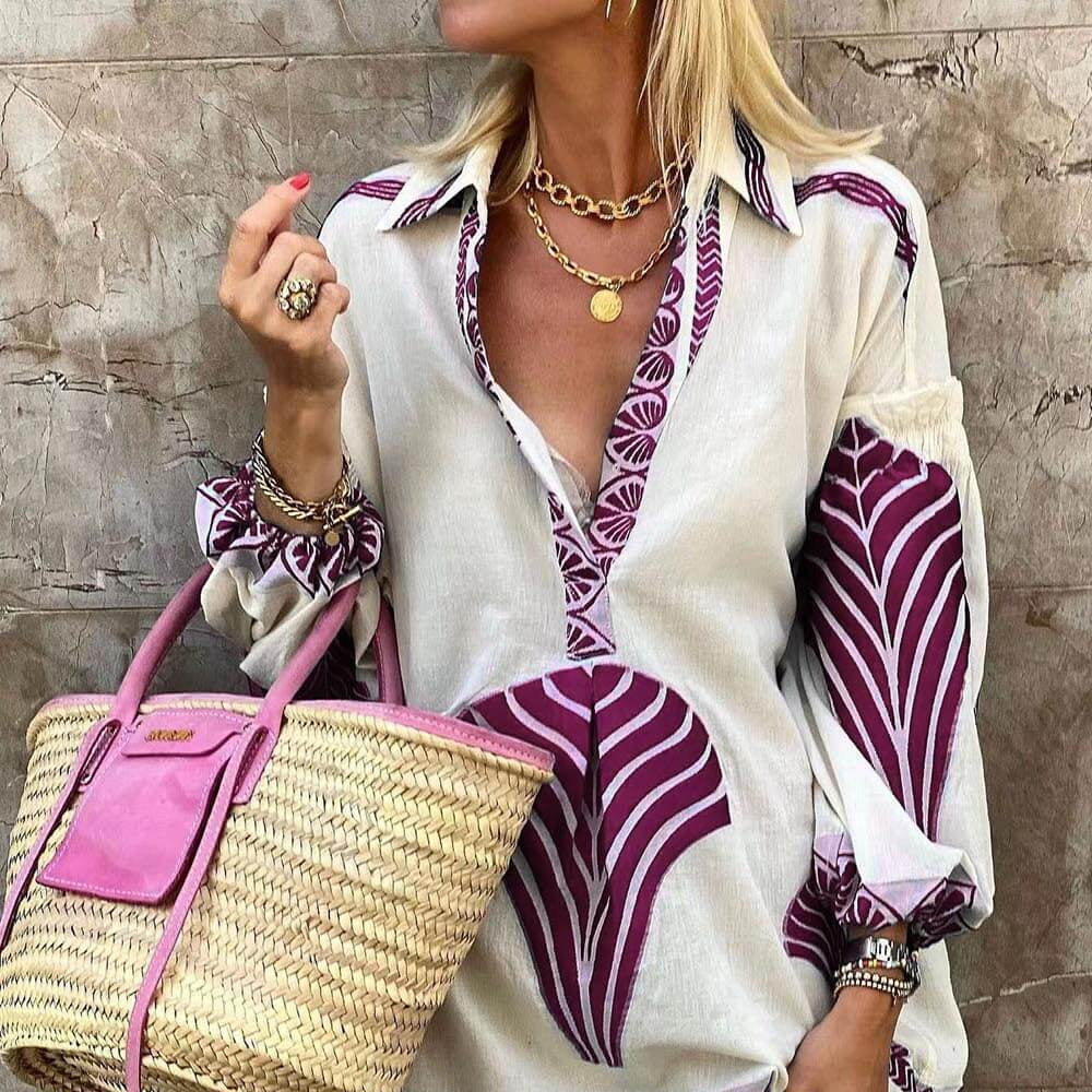 Women's V-Neck Printed Long Sleeve Mini Dress
