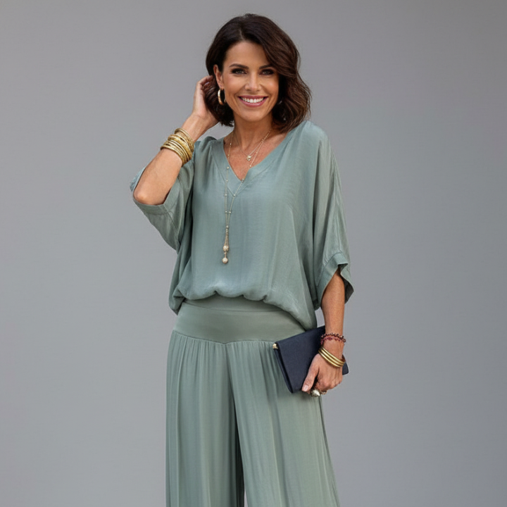 Women's V-Neck Wide Leg Set