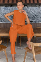 Women's Sleeveless Tie Side Crop Top and Wide Leg Trousers Linen Set