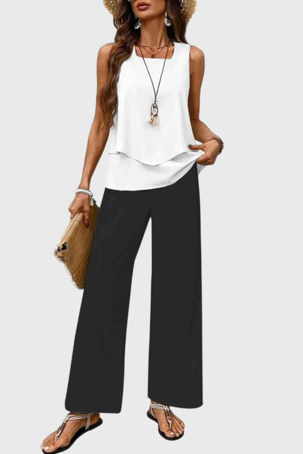 Women's Layered Sleeveless Top Floral Print Wide Leg Trouser Co Ord Set