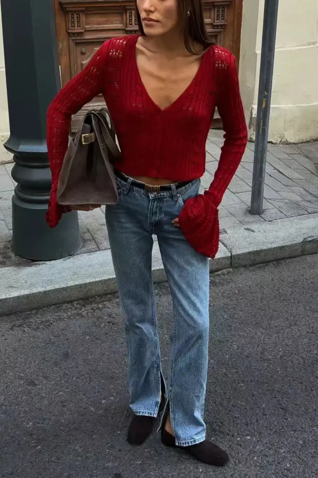 Women Crochet Cardigan with Bell Sleeve Detail