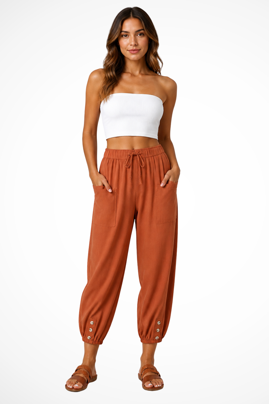 Women's Linen Cropped Trousers with Drawstring Waist and Button Hem