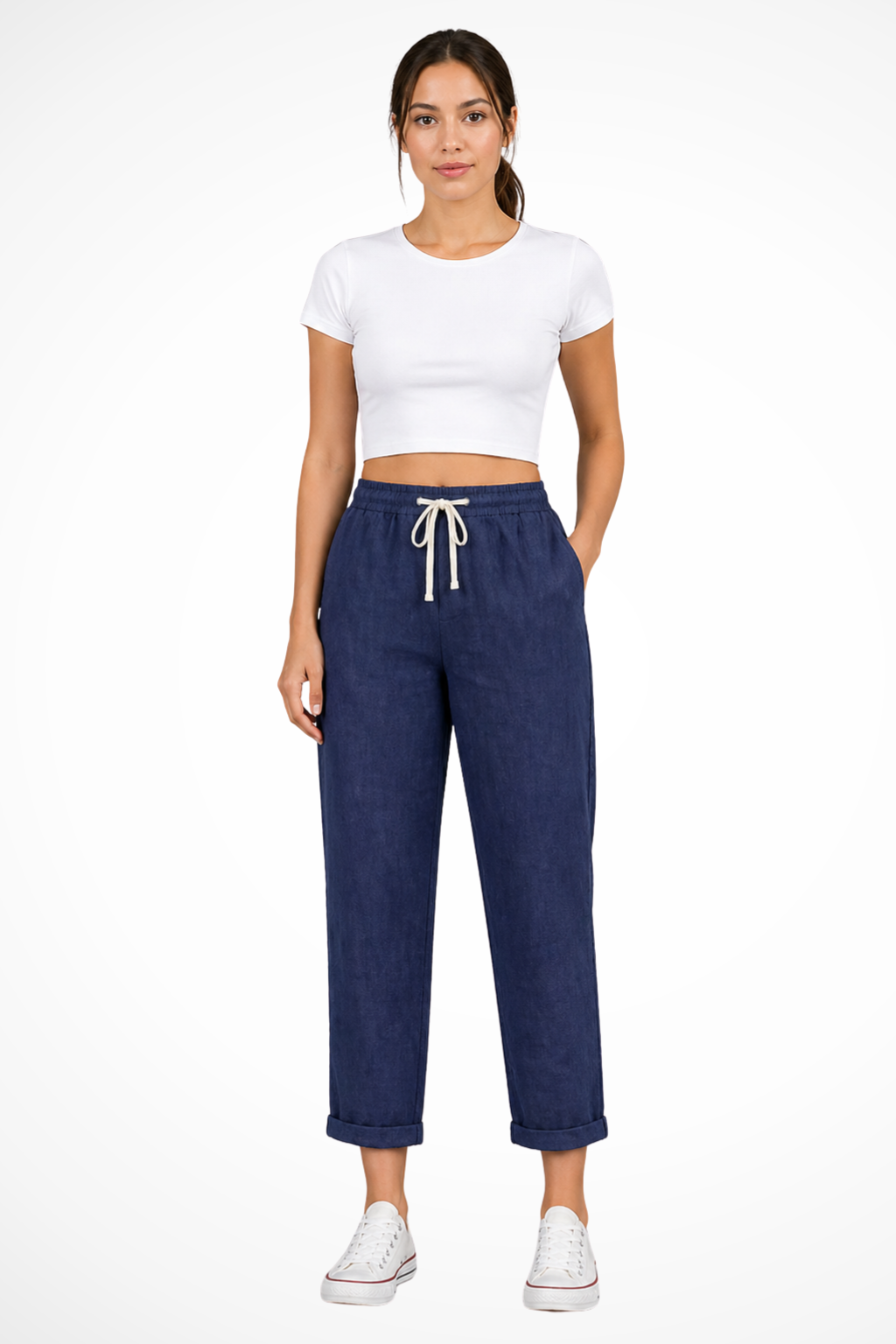 Women's Linen Cropped Trousers with Drawstring Waist