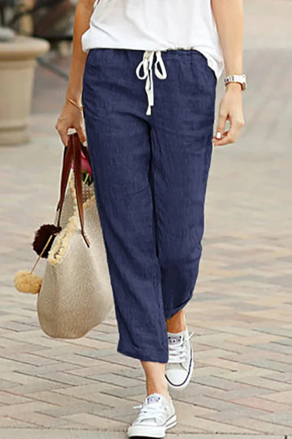Women's Linen Cropped Trousers with Drawstring Waist