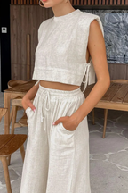 Women's Sleeveless Tie Side Crop Top and Wide Leg Trousers Linen Set