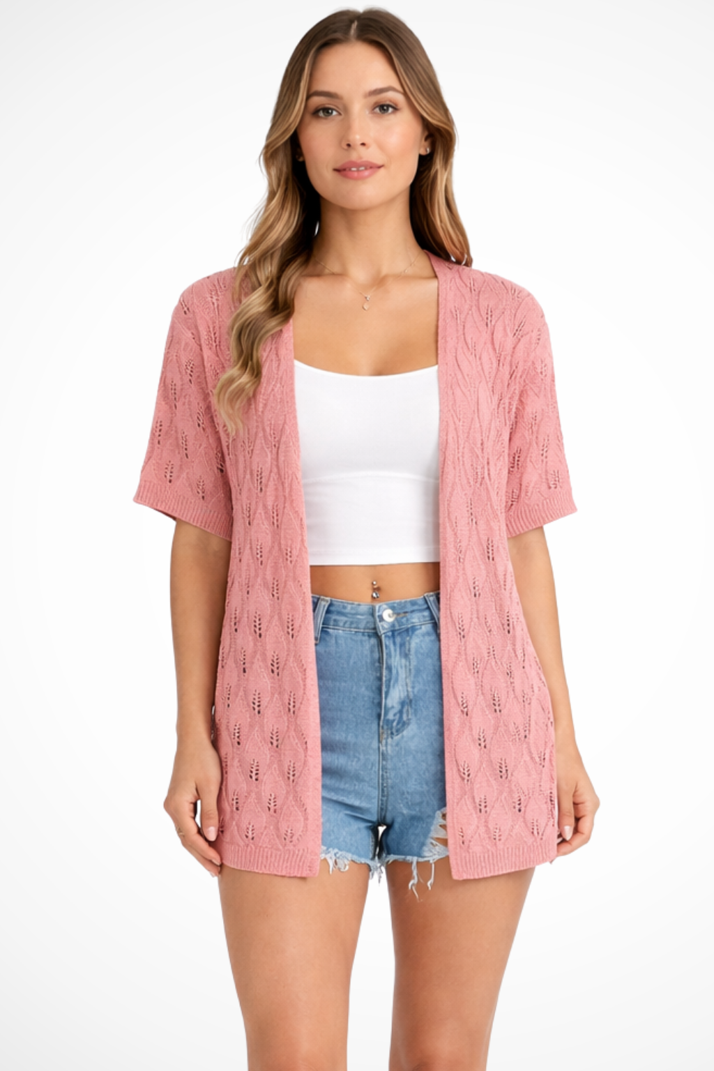 Women Short Sleeve Crochet Cardigan