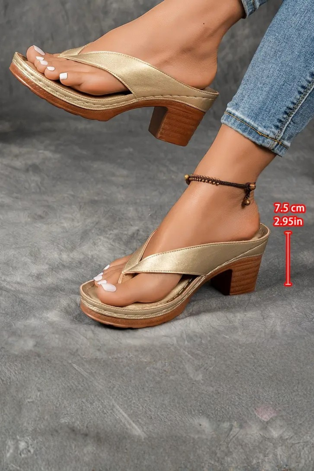 Women Metallic Toe Post Block Heel Flip Flop Sandals