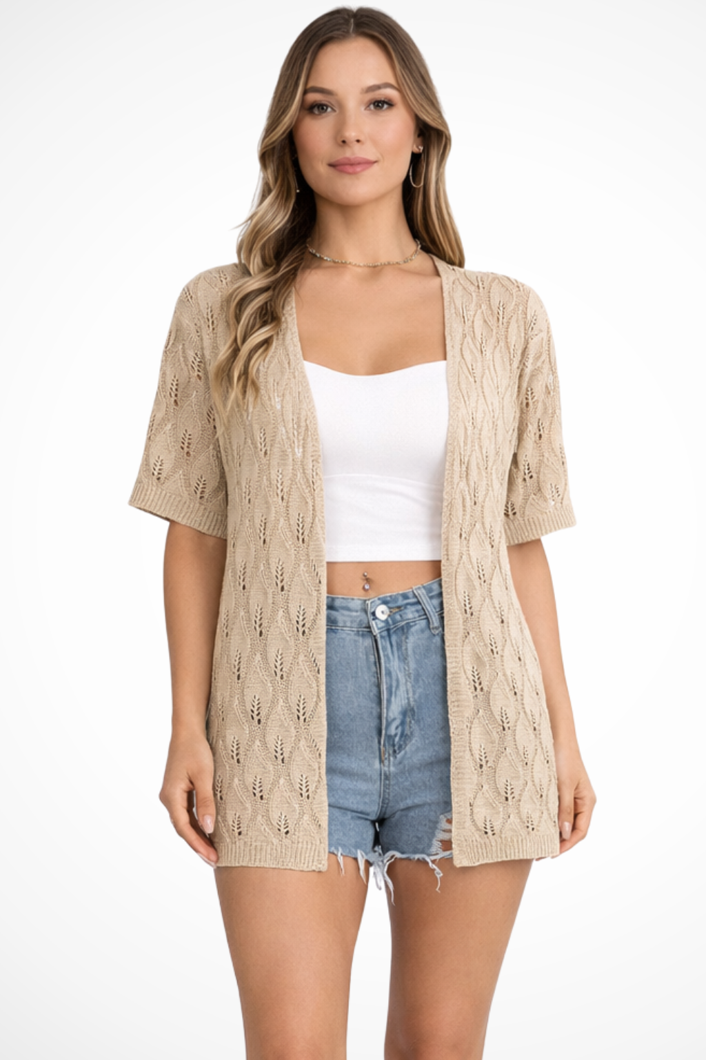 Women Short Sleeve Crochet Cardigan