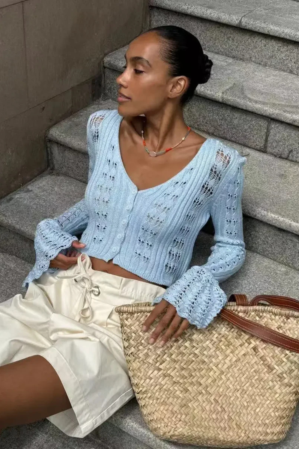 Women Crochet Cardigan with Bell Sleeve Detail