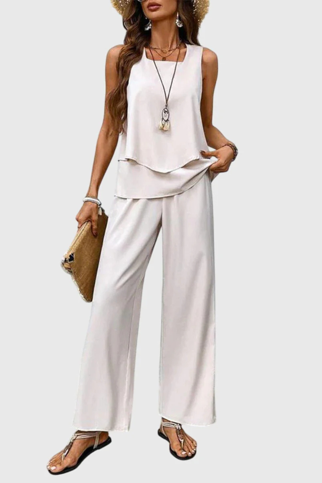 Women's Layered Sleeveless Top Floral Print Wide Leg Trouser Co Ord Set