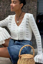 Women Crochet Cardigan with Bell Sleeve Detail