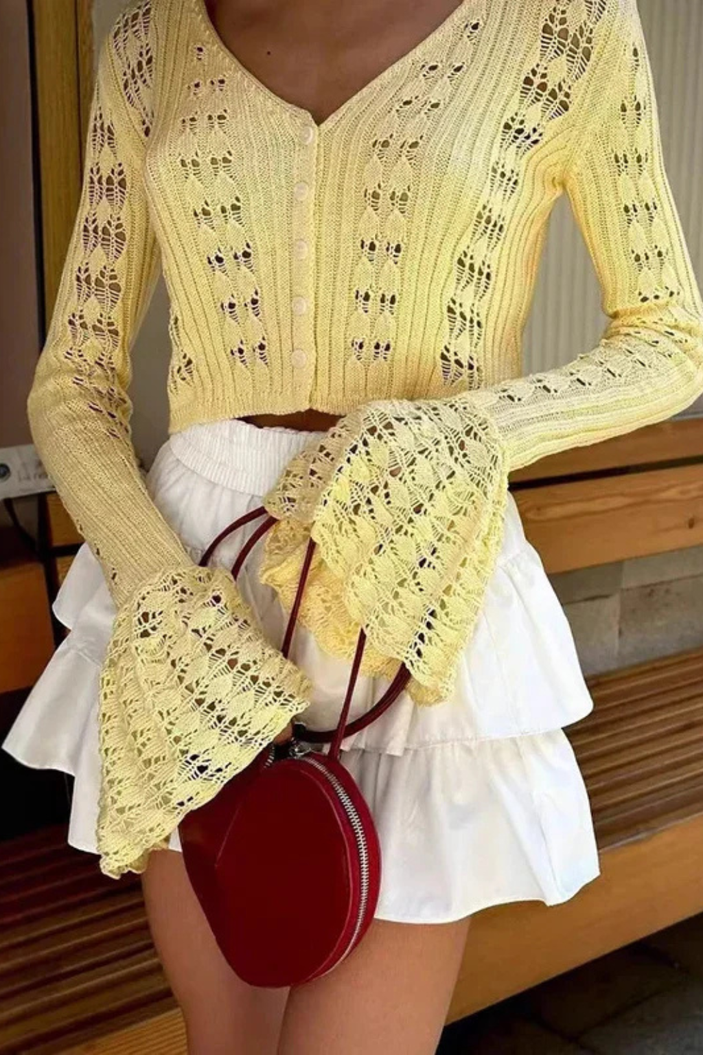 Women Crochet Cardigan with Bell Sleeve Detail