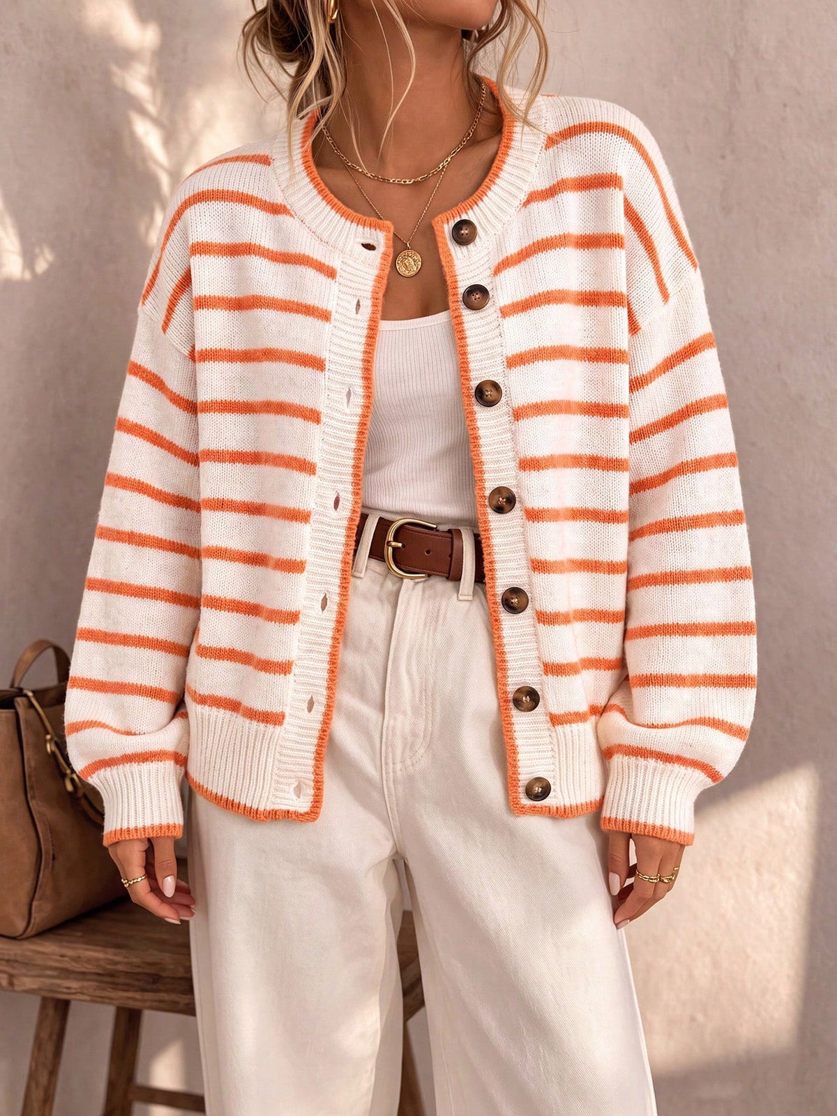 Women's Oversized Striped Knit Button Cardigan