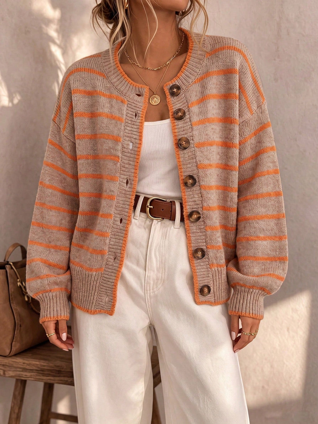 Women's Oversized Striped Knit Button Cardigan