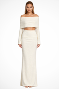 Women's Off Shoulder Knit Crop Top and Maxi Skirt Co Ord Set