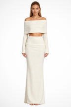 Women's Off Shoulder Knit Crop Top and Maxi Skirt Co Ord Set