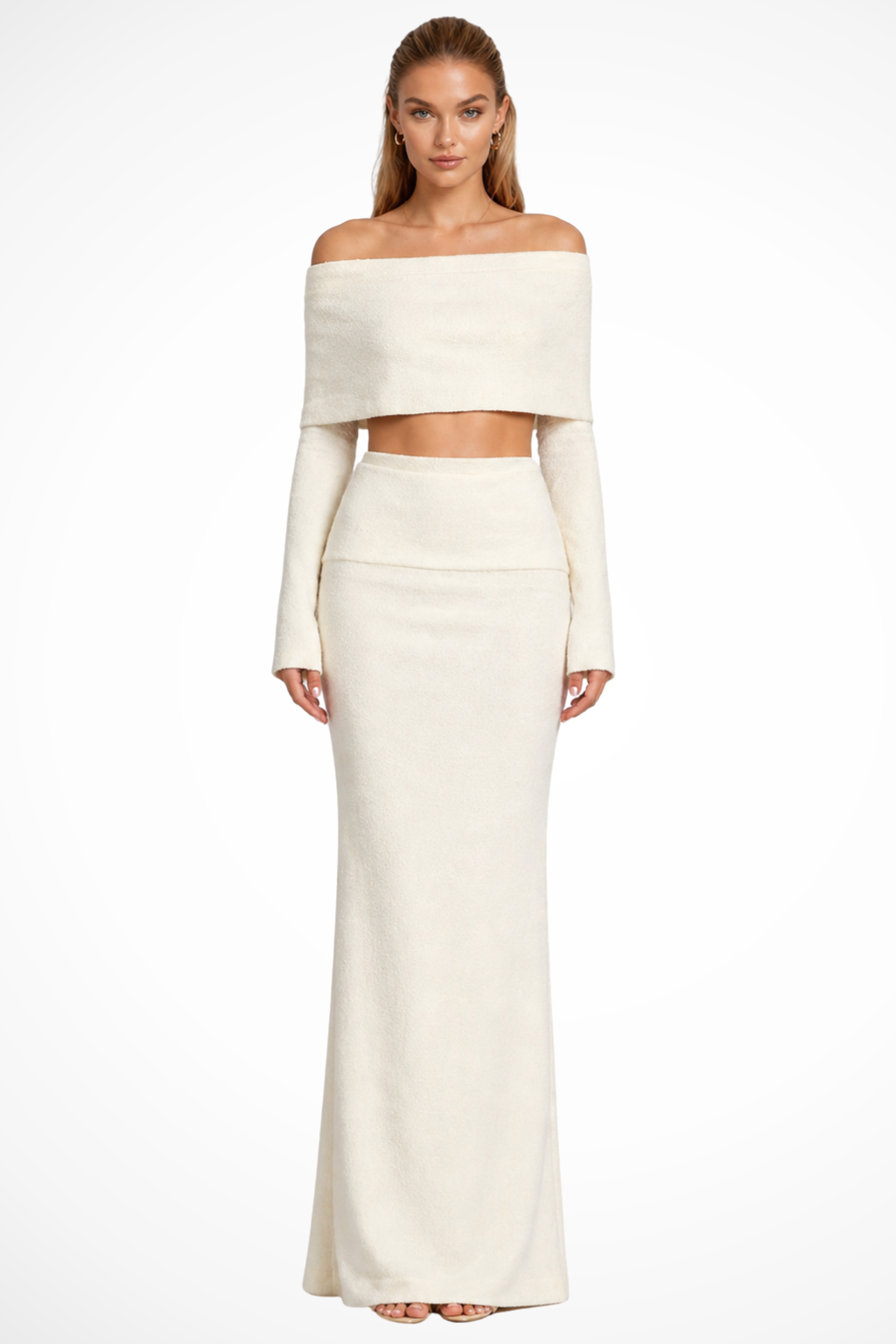 Women's Off Shoulder Knit Crop Top and Maxi Skirt Co Ord Set