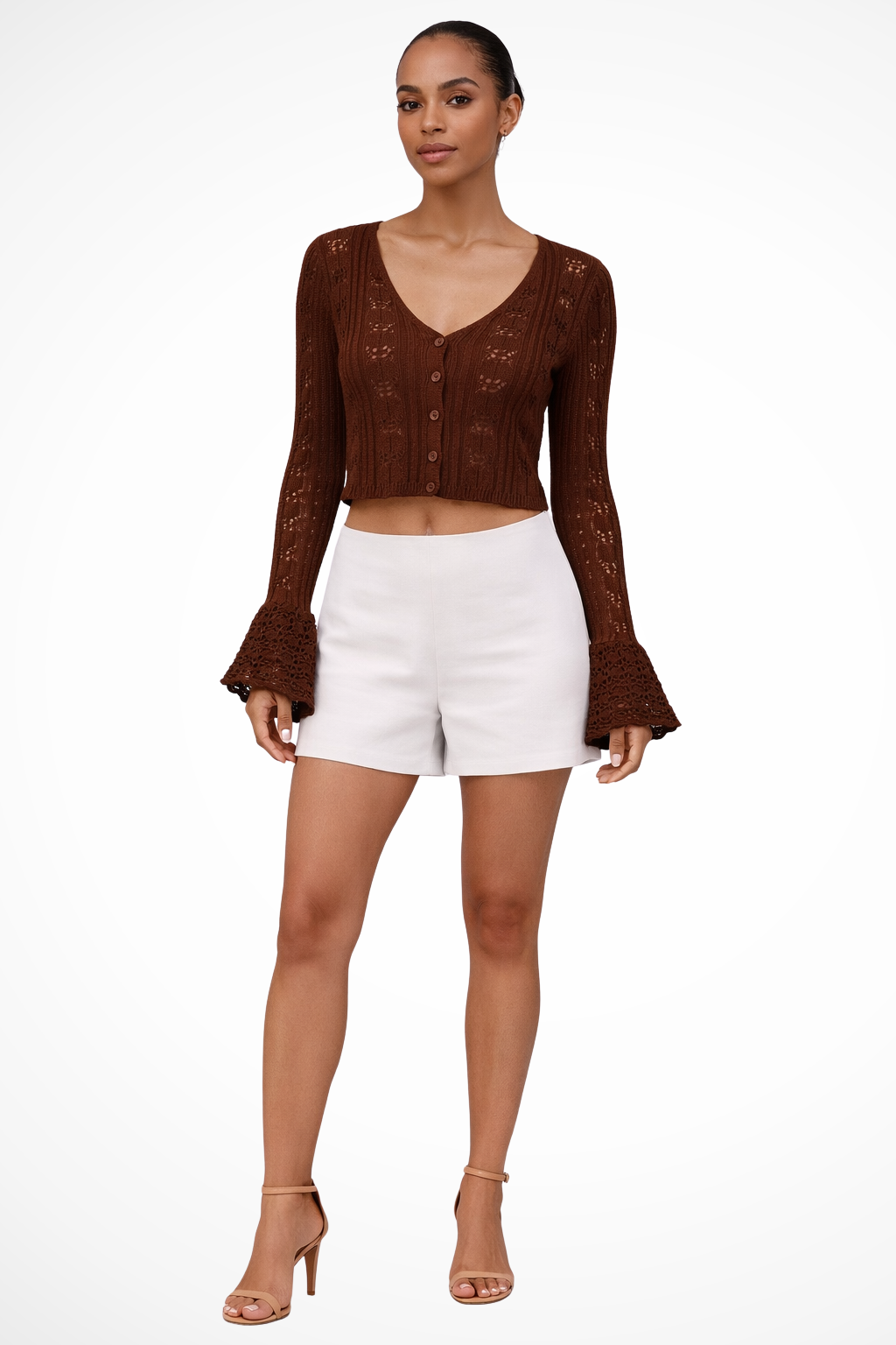 Women Crochet Cardigan with Bell Sleeve Detail