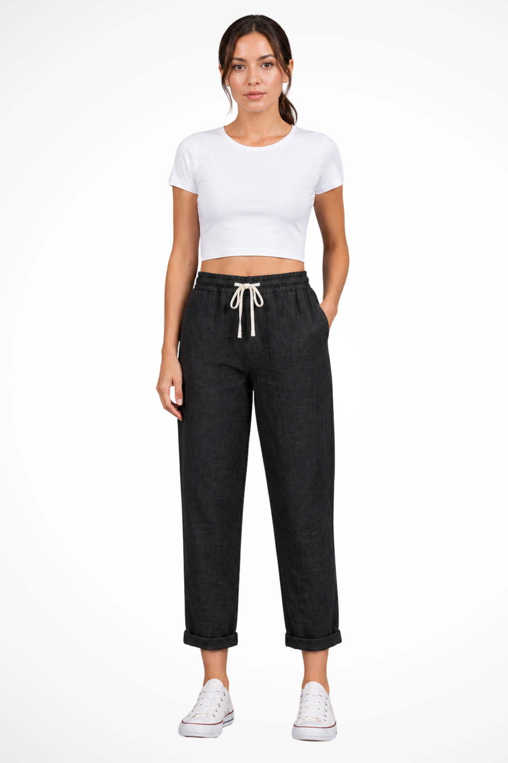 Women's Linen Cropped Trousers with Drawstring Waist
