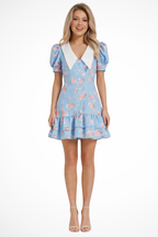 Women's Floral Print Puff Sleeve V Neck Vacation Wedding Guest Mini Dress