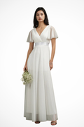 Women's Wrap V Neck Satin Waist Chiffon Maxi Wedding Dress