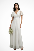 Women's Wrap V Neck Satin Waist Chiffon Maxi Wedding Dress