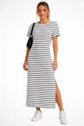 Women's Striped Short Sleeve Side Split Summer Midi Dress
