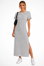 Women's Striped Short Sleeve Side Split Summer Midi Dress
