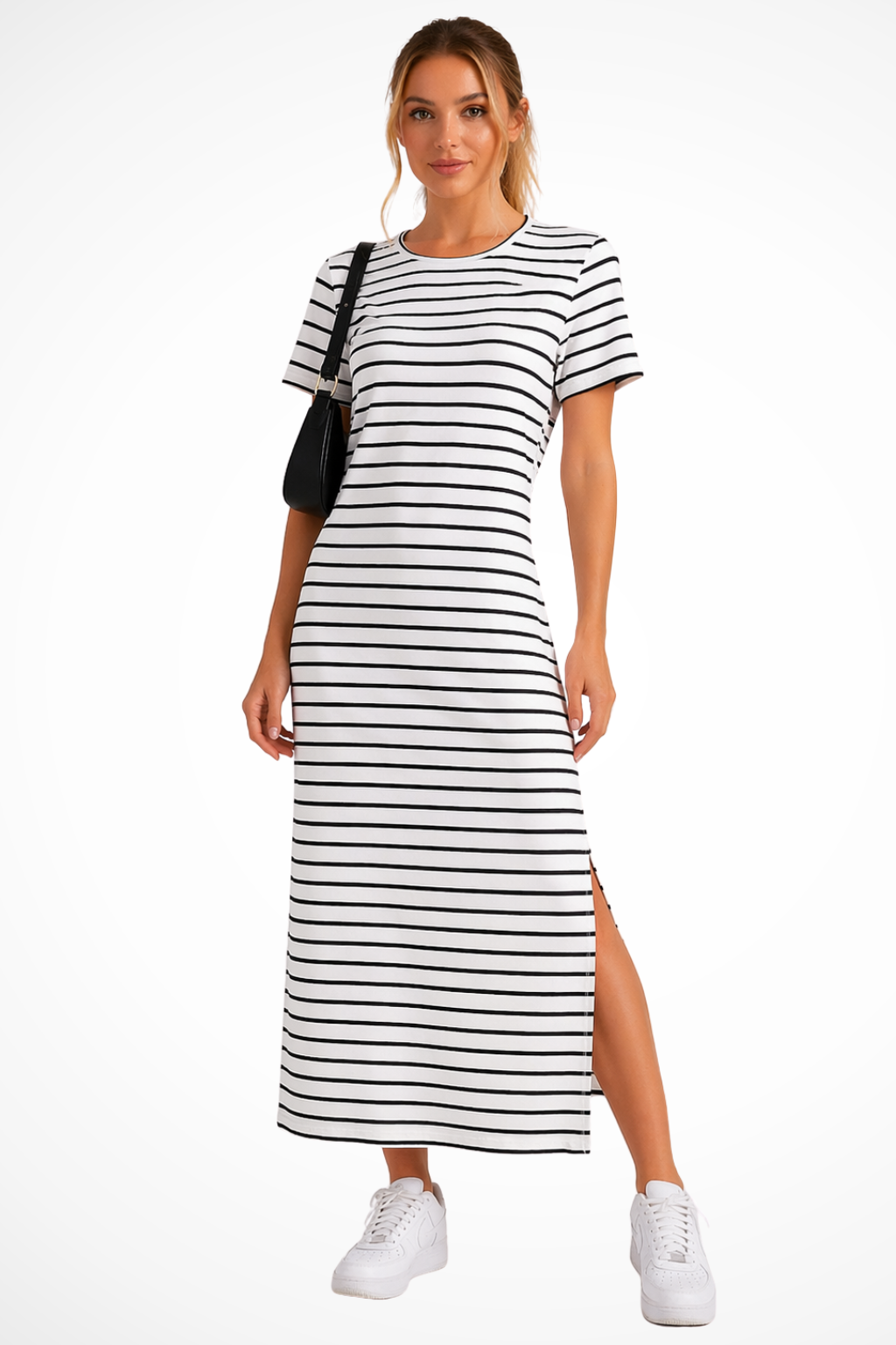 Women's Striped Short Sleeve Side Split Summer Midi Dress