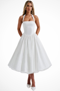 Women's Halter Neck Flowy Wedding Guest Corset Midi Dress