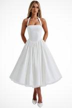 Women's Halter Neck Flowy Wedding Guest Corset Midi Dress