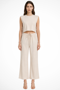 Women's Sleeveless Tie Side Crop Top and Wide Leg Trousers Linen Set
