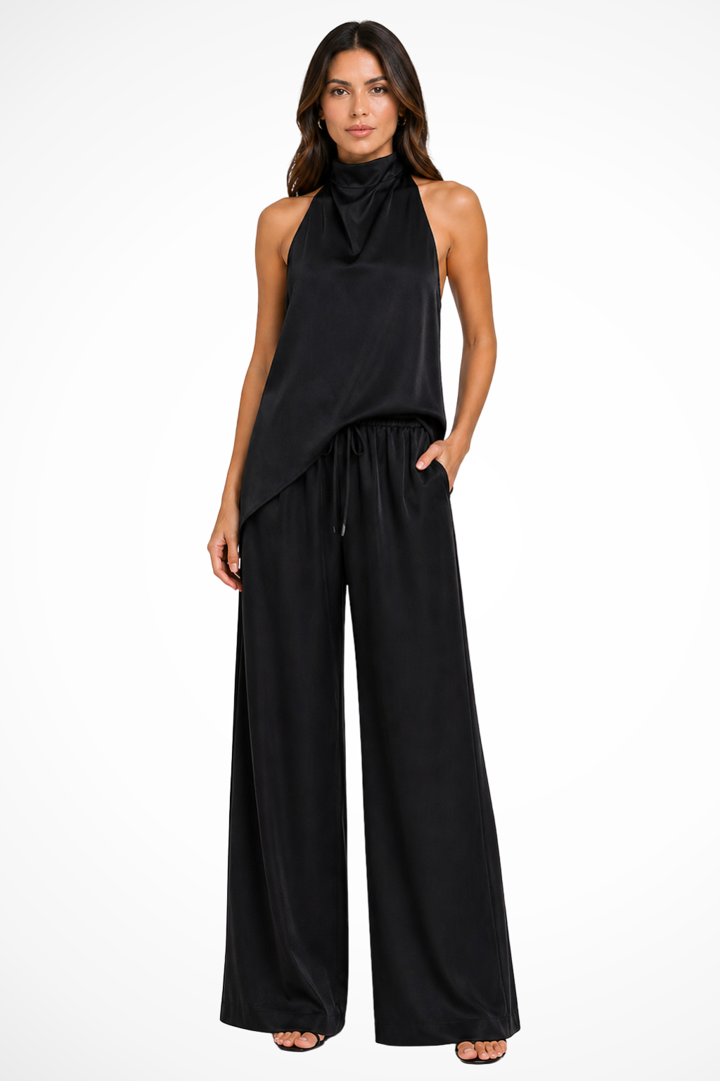 Women's Halter Neck Open Back Top and Wide Leg Trousers Co Ord Set