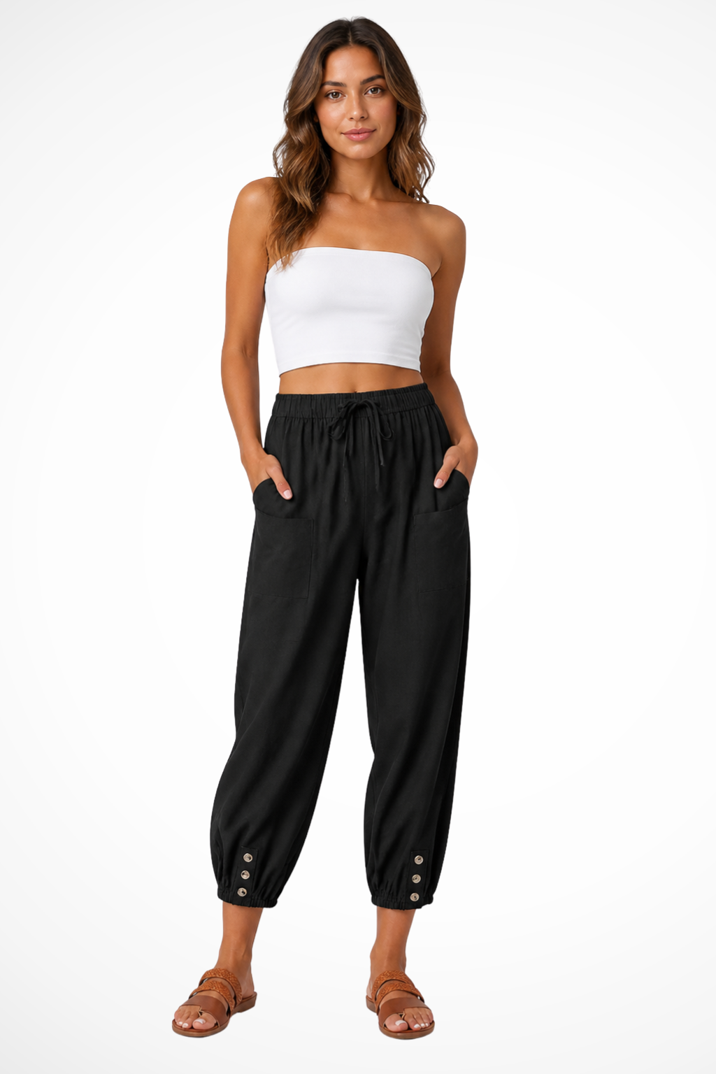 Women's Linen Cropped Trousers with Drawstring Waist and Button Hem