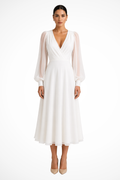 Women's V Neck Puff Sleeve Wedding Guest Midi Dress