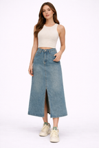 Wren | Women High Waist A Line Denim Maxi Skirt with Front Split
