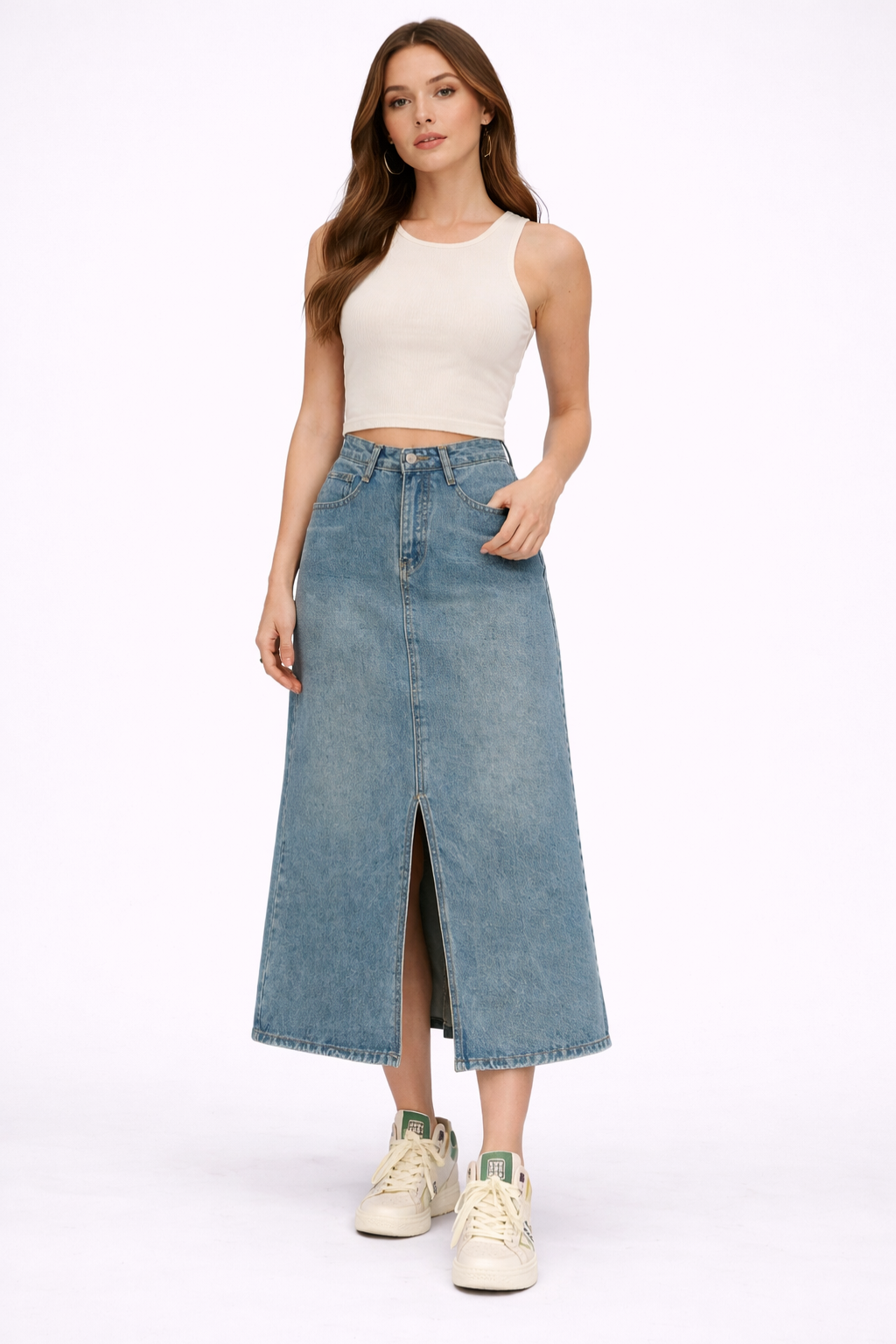 Wren | Women High Waist A Line Denim Maxi Skirt with Front Split