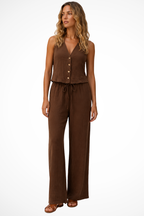 Women's V Neck Button Waistcoat and Wide Leg Trousers Linen Co Ord Set