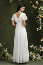 Women's Wrap V Neck Satin Waist Chiffon Maxi Wedding Dress