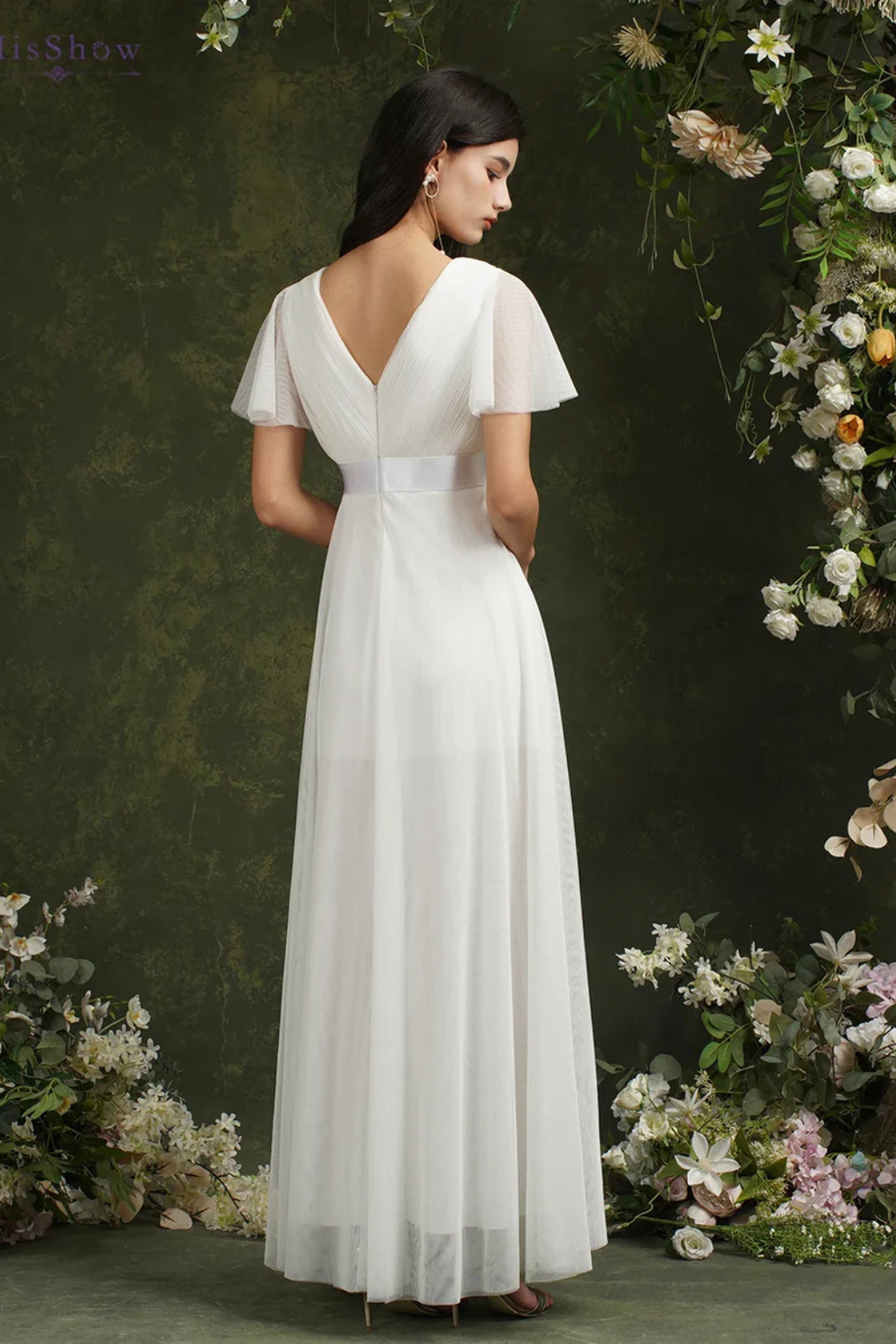 Women's Wrap V Neck Satin Waist Chiffon Maxi Wedding Dress