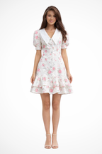 Women's Floral Print Puff Sleeve V Neck Vacation Wedding Guest Mini Dress