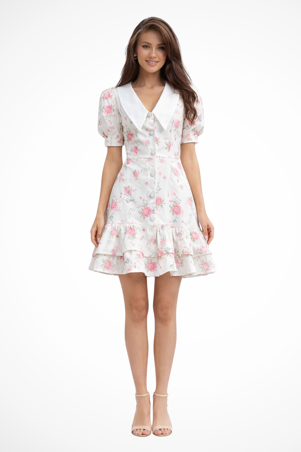Women's Floral Print Puff Sleeve V Neck Vacation Wedding Guest Mini Dress