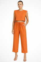 Women's Sleeveless Tie Side Crop Top and Wide Leg Trousers Linen Set